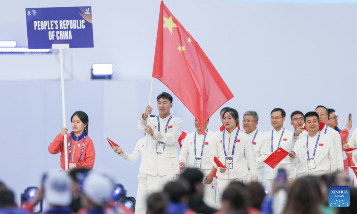 Delegation of China parade during the opening ceremony of the Rhine-Ruhr 2025 FISU World University Games in Duisburg, Germany, July 16, 2025. (Xinhua/Hu Xingyu)