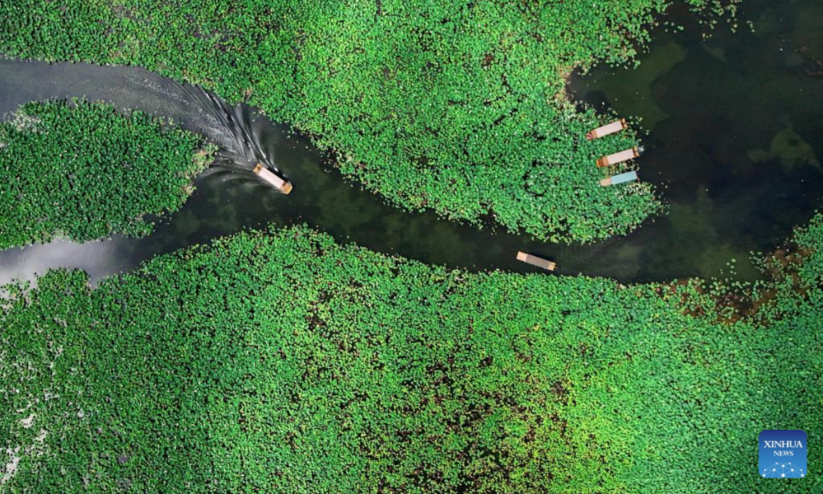 A drone photo taken on July 16, 2025 shows tourists taking boats at the Puzhehei scenic area in Qiubei County, Wenshan Zhuang and Miao Autonomous Prefecture, southwest China's Yunnan Province. The beautiful scenery of Puzhehei, along with the rich amusement facilities there, has attracted lots of visitors during the summer. (Photo by Peng Yikai/Xinhua)