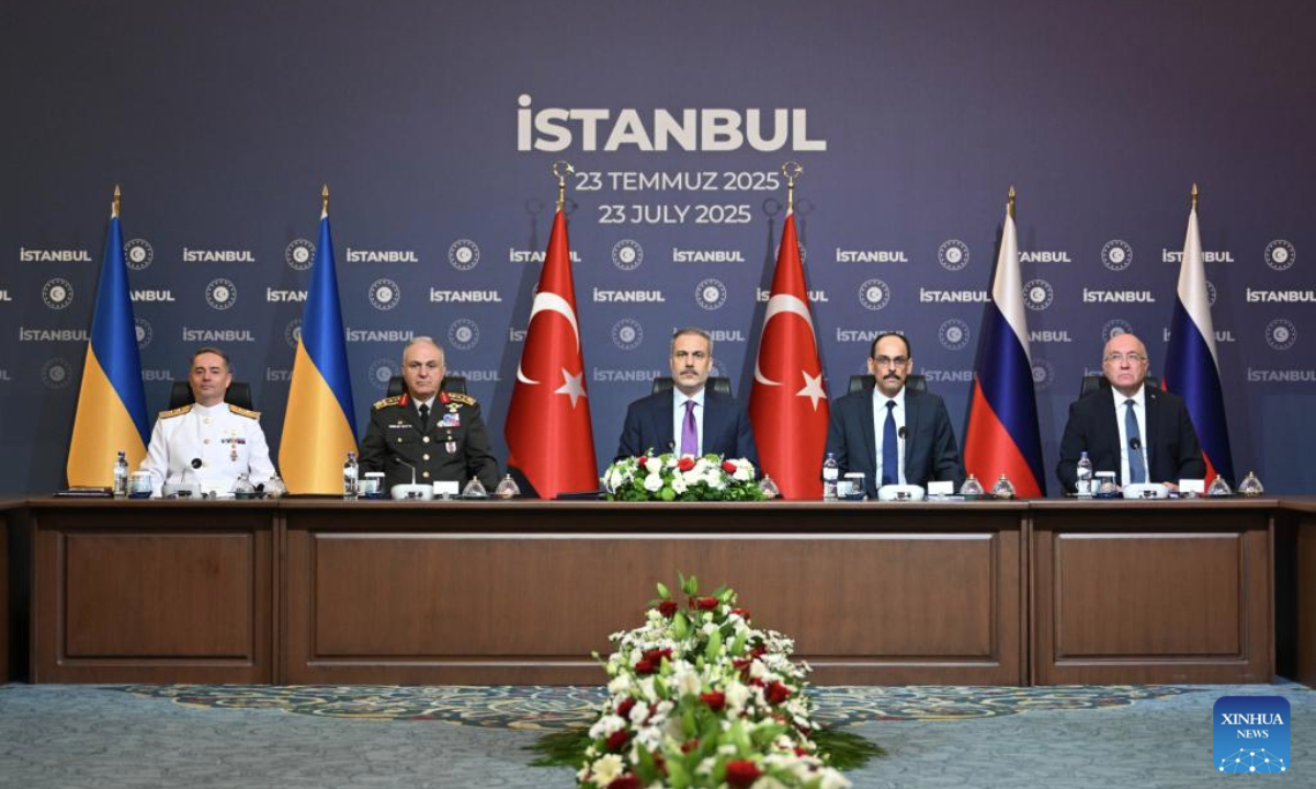 The third round of peace talks between Russia and Ukraine is held in Istanbul, Türkiye, on July 23, 2025. Russian and Ukrainian delegations held a third round of peace talks here on Wednesday, which started at 8:30 p.m. local time (1730 GMT) and lasted nearly one and a half hours. (Ministry of Foreign Affairs of Türkiye/Handout via Xinhua)