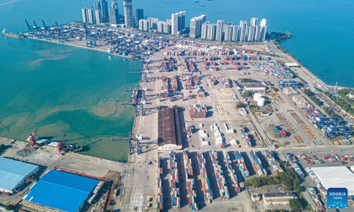 This aerial photo taken on Jan. 13, 2023 shows a view of the container terminal of Haikou Port in Haikou, south China's Hainan Province. Photo:Xinhua
