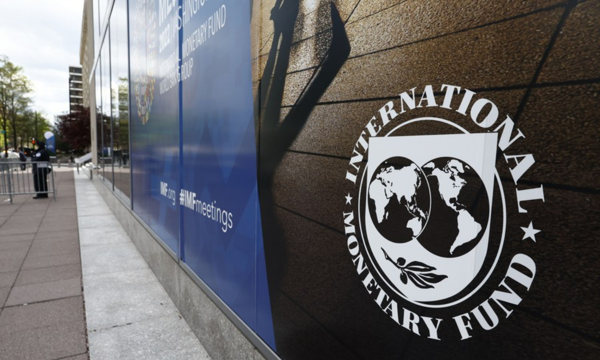 Photo taken on April 19, 2022 shows the IMF Headquarters in Washington, D.C., the United States. (Photo by Ting Shen/Xinhua)