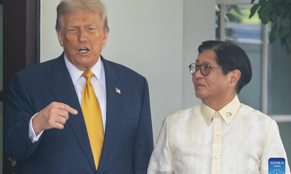 U.S. President Donald Trump (L) welcomes Philippine President Ferdinand Romualdez Marcos Jr. at the White House in Washington, D.C., the United States, on July 22, 2025. (Xinhua/Hu Yousong)