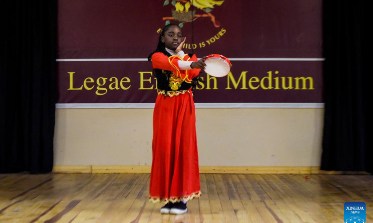 A student performs during a Chinese talent show at the Legae English Medium School in Gaborone, the capital of Botswana, July 28, 2025. A Chinese talent show was held here on Monday to provide students with a platform to explore Chinese culture and deepen cross-cultural understanding through diverse performances. (Photo by Tshekiso Tebalo/Xinhua)