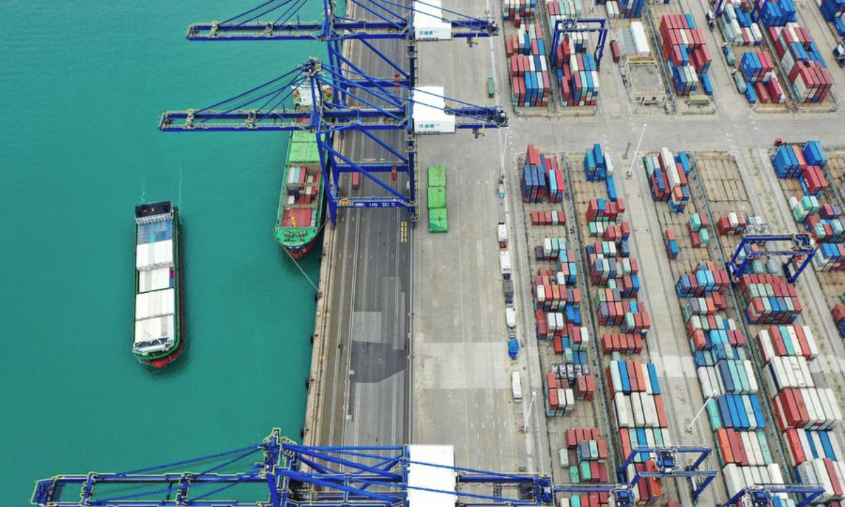 An aerial drone photo taken on March 13, 2024 shows the Yangpu international container terminal in south China's Hainan Province. (Xinhua/Guo Cheng)
