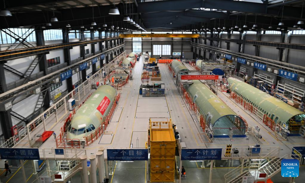 This photo taken on July 15, 2025 shows the site of the fuselage equipping program of the Airbus and the Aviation Industry Corporation of China Xi'an Aircraft International (Tianjin) Corporation (AVIC XAT) in Tianjin, north China. Airbus and the Aviation Industry Corporation of China Xi'an Aircraft International (Tianjin) Corporation (AVIC XAT), officially launched the first A321 aircraft fuselage equipping cooperative project in China on Tuesday. (Xinhua)