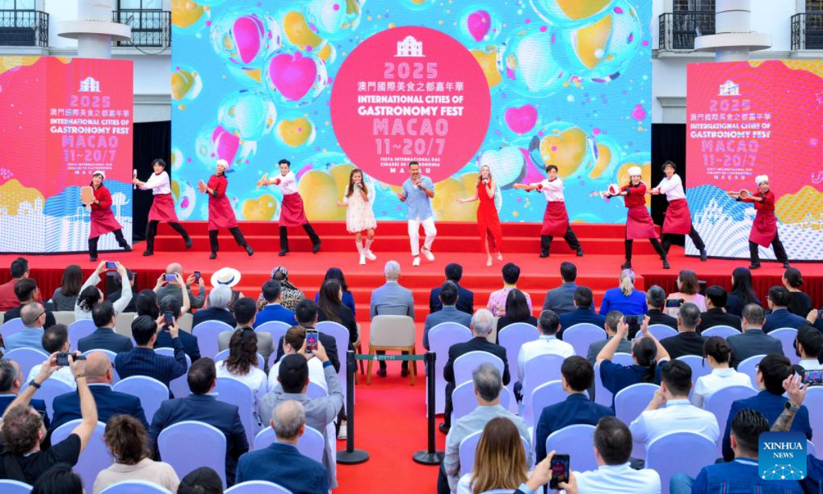 Artists perform during the opening ceremony of the 2025 International Cities of Gastronomy Fest Macao at the Fisherman's Wharf in south China's Macao, July 11, 2025. The event kicked off here Friday. (Xinhua/Cheong Kam Ka)
