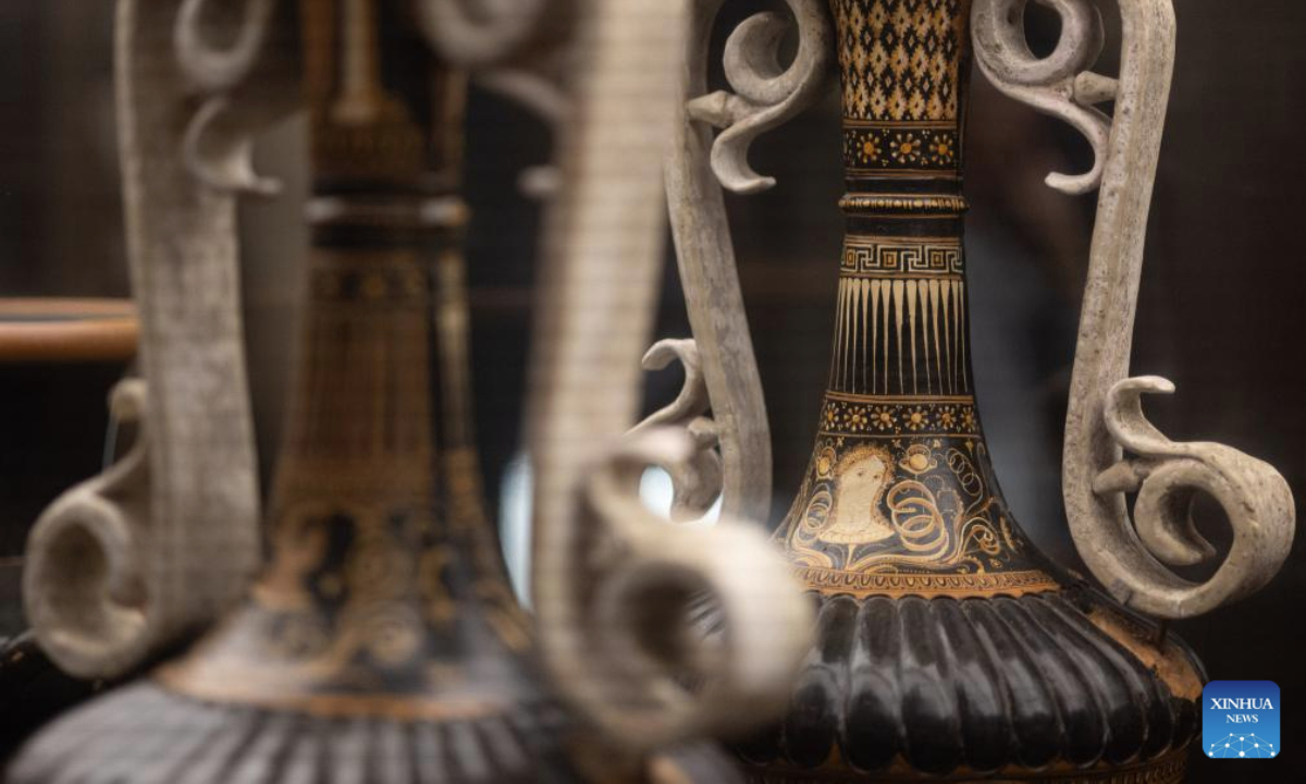 This photo taken on July 24, 2025 shows a set of Attic black-figure amphora at the Museum of Rescued Art in Rome, Italy. The Museum of Rescued Art, part of the National Roman Museum network, reopened in June, showcasing over a hundred lost Italian antiquities recovered over the past three years by Italy's renowned art protection unit. (Xinhua/Li Jing)