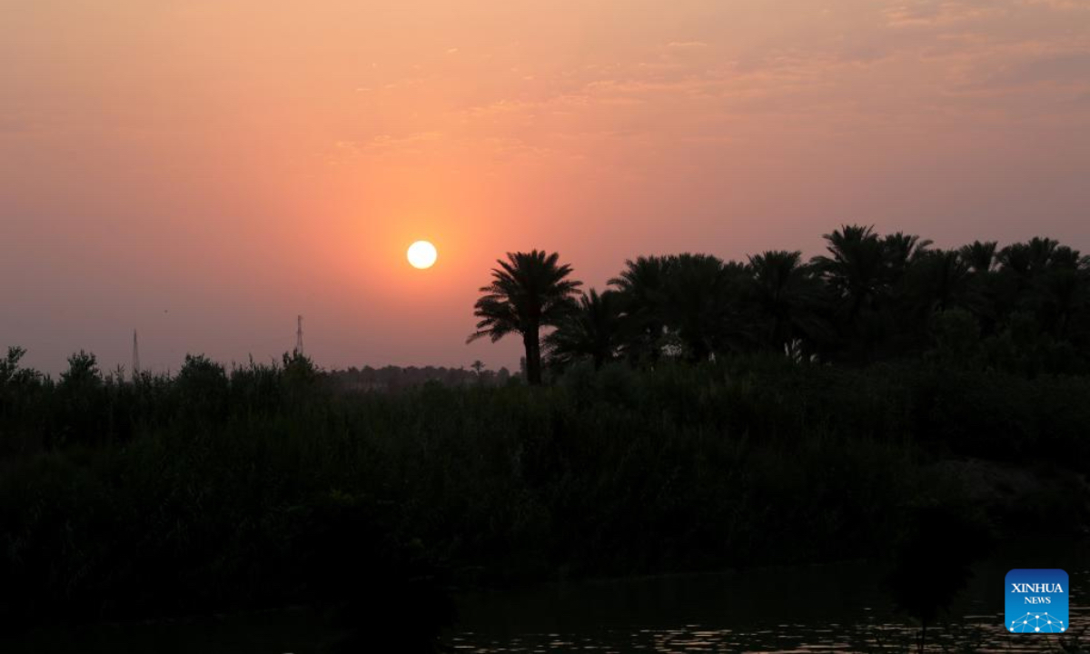 This photo taken on July 11, 2025 shows sunset scenery along the Tigris River in Baghdad, Iraq. (Xinhua/Khalil Dawood)