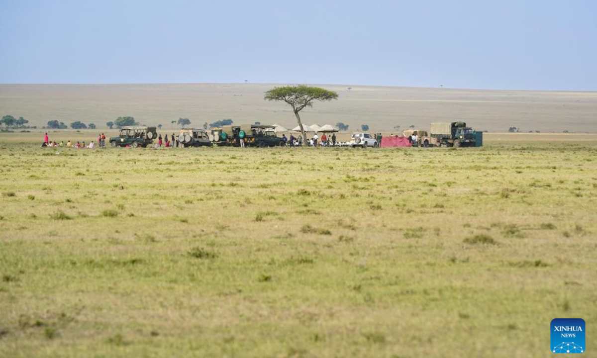 Tourists have a picnic in the Masai Mara National Reserve in Kenya, Aug. 1, 2025. Tourists flock to the Masai Mara National Reserve during the country's peak tourism season from June to October to watch the wildebeest migration. (Xinhua/Han Xu)