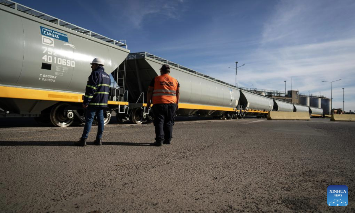This photo taken on July 30, 2025 shows meter-gauge railway grain wagons at a port in Buenos Aires, Argentina. A total of 90 Chinese-made meter-gauge railway grain wagons arrived here on Tuesday, which will all be put into an Argentina's railway network to undertake soybean and corn transportation. (Photo by Martin Zabala/Xinhua)