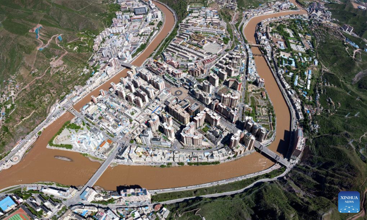An aerial drone photo taken on June 21, 2025 shows a view of Qamdo City, southwest China's Xizang Autonomous Region. (Xinhua/Jiang Fan)