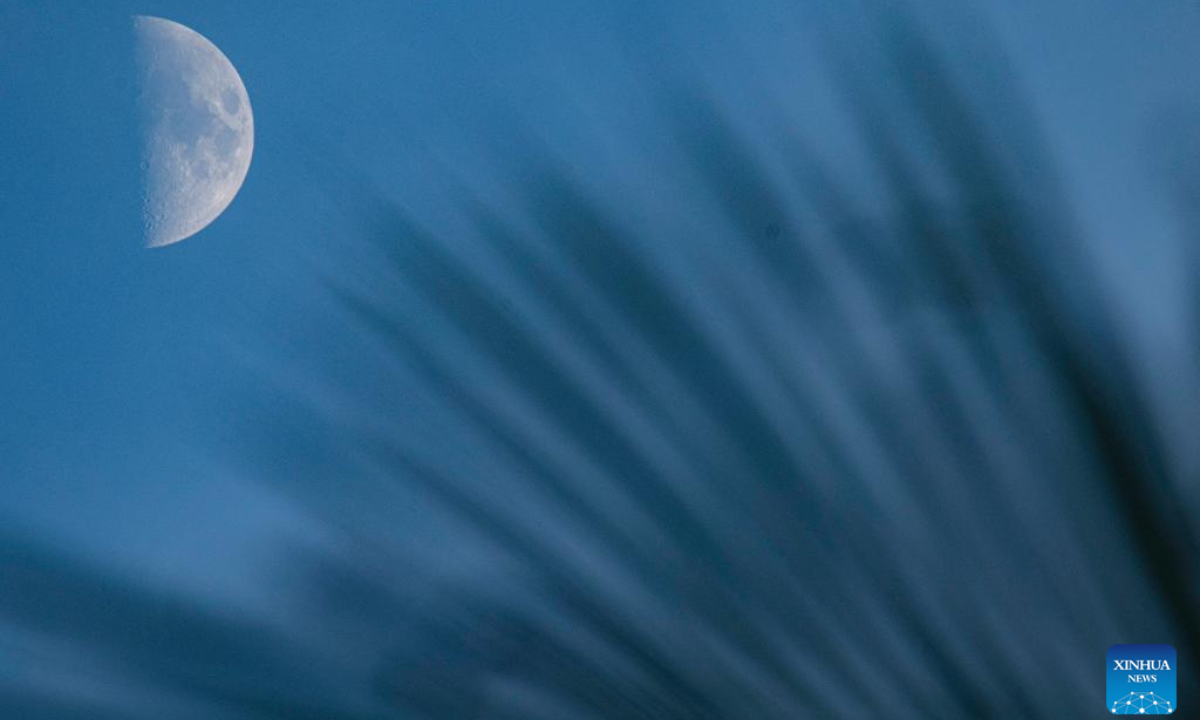 This photo taken on Aug. 1, 2025 shows the first quarter moon in the sky in Qionghai City, south China's Hainan Province. (Photo by Meng Zhongde/Xinhua)