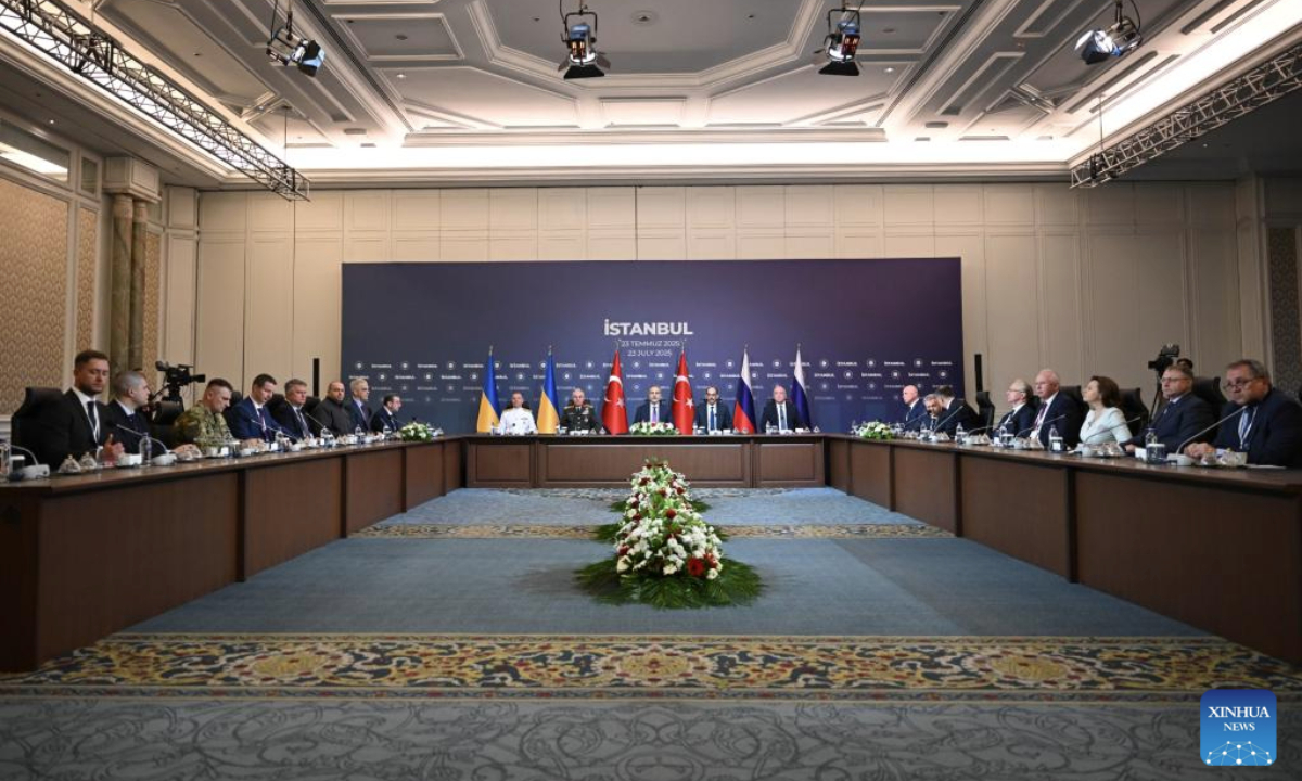 The third round of peace talks between Russia and Ukraine is held in Istanbul, Türkiye, on July 23, 2025. Russian and Ukrainian delegations held a third round of peace talks here on Wednesday, which started at 8:30 p.m. local time (1730 GMT) and lasted nearly one and a half hours. (Ministry of Foreign Affairs of Türkiye/Handout via Xinhua)