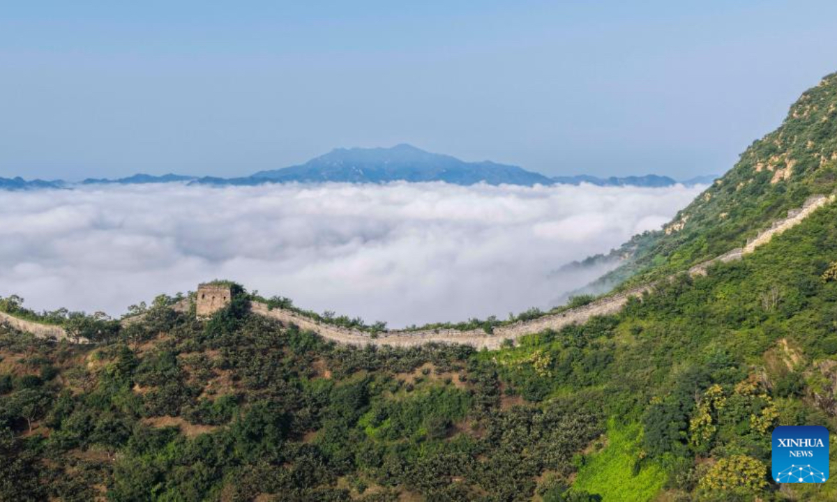 An aerial drone photo taken on Aug. 1, 2025 shows a view of the Great Wall in Zunhua City, north China's Hebei Province. (Photo by Liu Mancang/Xinhua)