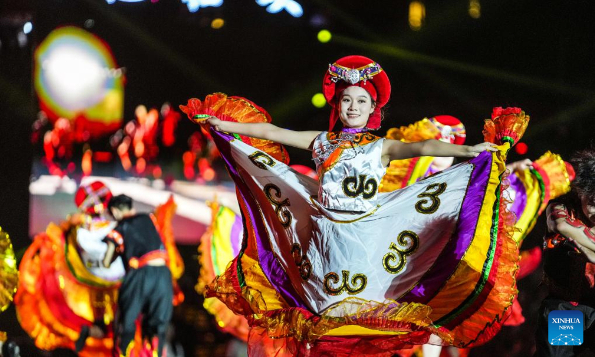 Artists perform at the celebration for the Torch Festival of Yi ethnic group held in Shuicheng District of Liupanshui, southwest China's Guizhou Province, July 18, 2025. Celebrations for the Torch Festival of Yi ethnic group kicked off on Friday at a tourist resort in Shuicheng District of Liupanshui, attracting tourists from across the country. A series of related activities will also take place here on or before Aug. 17. (Xinhua/Tao Liang)
