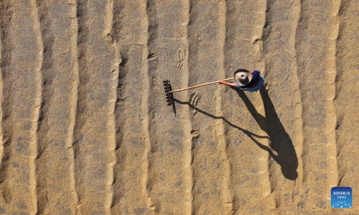 An aerial drone photo taken on July 15, 2025 shows a villager airing rice in Hengshan County of Hengyang City, central China's Hunan Province. (Photo by Cao Zhengping/Xinhua)