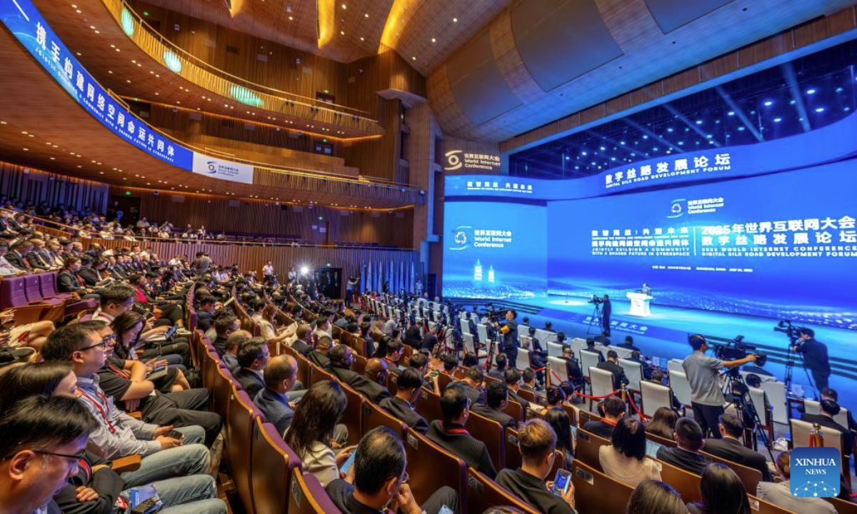 This photo taken on July 24, 2025 shows the opening ceremony of the World Internet Conference (WIC) Digital Silk Road Development Forum in Quanzhou, southeast China's Fujian Province. Themed on Embracing the Digital and Intelligent Maritime Silk Road -- Jointly Building a Community with a Shared Future in Cyberspace, the forum kicked off here on Thursday, drawing more than 600 guests from 49 countries and regions and 13 international institutions. (Xinhua/Wei Peiquan)