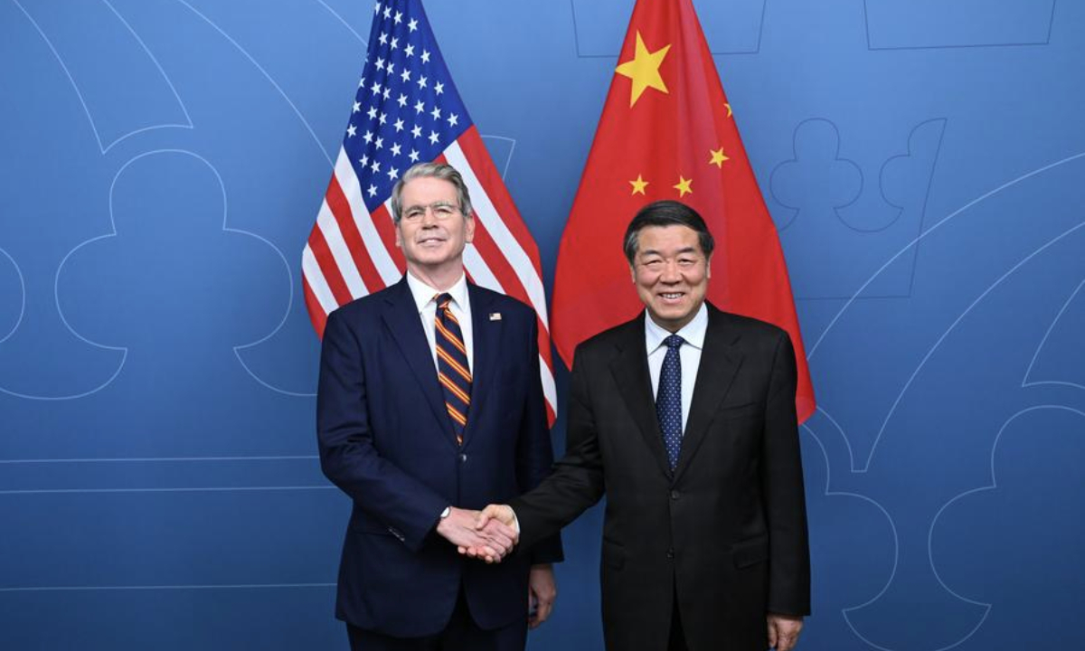 Chinese Vice Premier He Lifeng, also a member of the Political Bureau of the Communist Party of China Central Committee, shakes hands with U.S. Treasury Secretary Scott Bessent prior to a new round of China-U.S. economic and trade talks in Stockholm, Sweden, July 28, 2025. (Xinhua/Dai Tianfang)