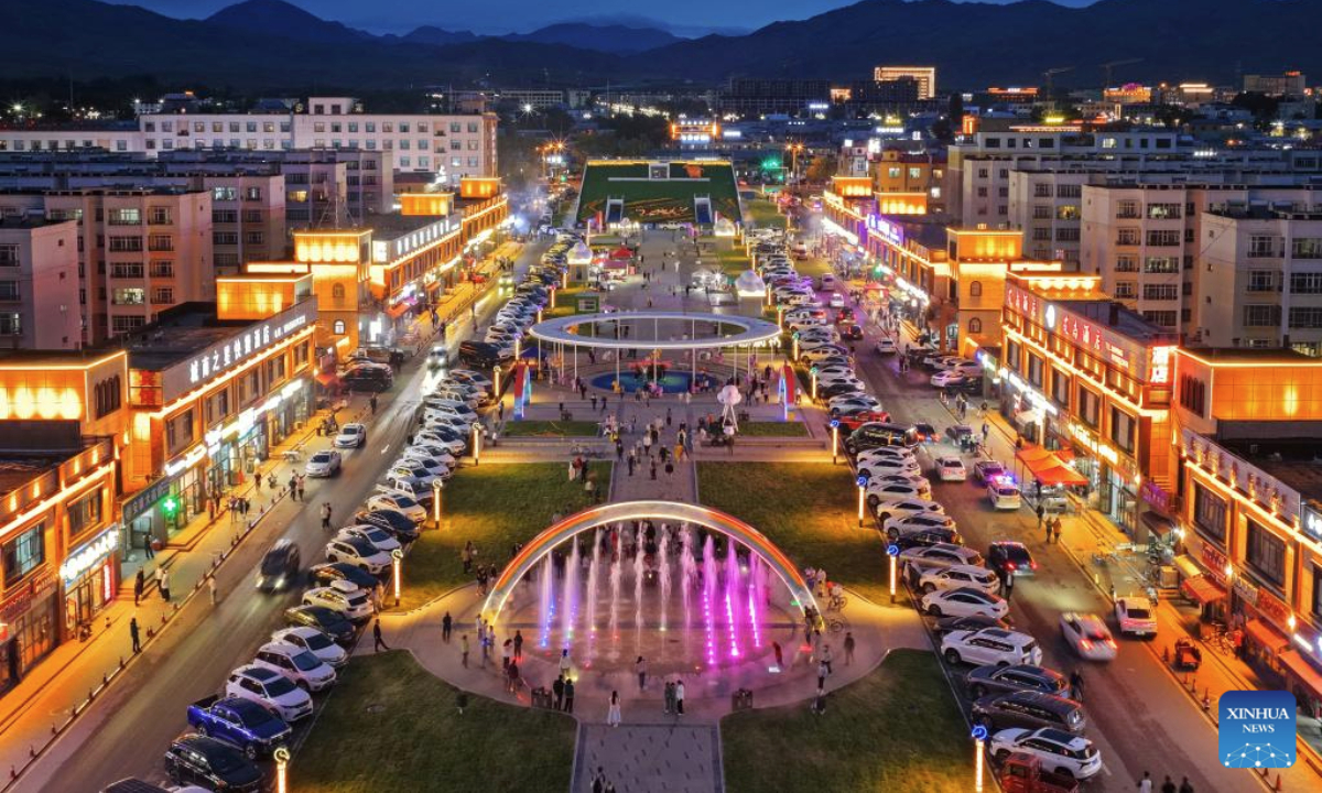 A drone photo taken on July 10, 2025 shows a night view of the Tianma tourism block in Zhaosu County of Ili Kazak Autonomous Prefecture, northwest China's Xinjiang Uygur Autonomous Region. The renovation of the Tianma tourism block in Zhaosu County is a key project in the pairing assistance program of east China's Jiangsu Province for Yili Prefecture. Kicked off on March 11, 2025, the project is now fundamentlly completed.

In addition to offering better experience to tourists, the renovation work also brings more job opportunities to the locals. (Photo by Yang Tianmin/Xinhua)