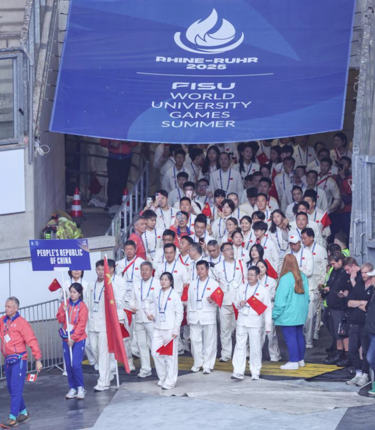 Delegation of China parade during the opening ceremony of the Rhine-Ruhr 2025 FISU World University Games in Duisburg, Germany, July 16, 2025. (Xinhua/Zhang Fan)