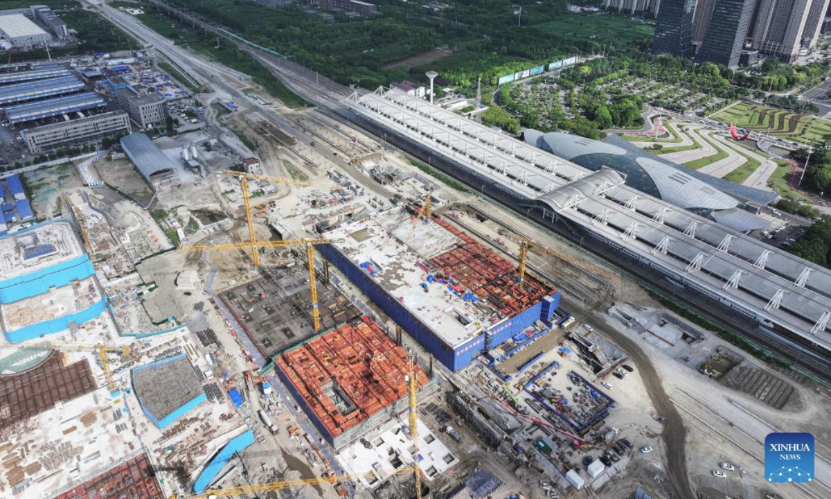 An aerial drone photo shows the construction site of the Nantong Railway Station in Nantong, east China's Jiangsu Province, July 21, 2025. The station is along a high-speed railway linking Shanghai, Nanjing of Jiangsu Province and Hefei of Anhui Province in east China. (Xinhua/Ji Chunpeng)