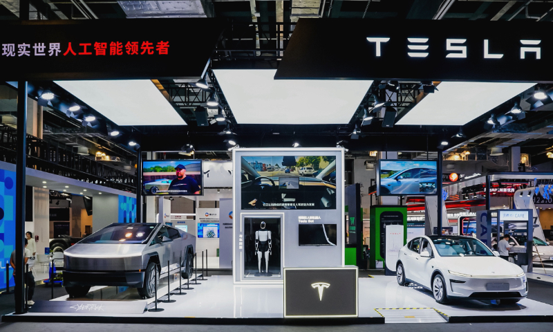 A view of Tesla's booth at the 2025 World Artificial Intelligence Conference in Shanghai on July 26, 2025 Photo: Zhang Weilan/GT
