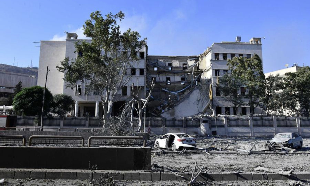 Photo taken on July 16, 2025 shows a building of the Syrian Army General Command headquarters damaged in an Israeli airstrike in Damascus, Syria. (Photo by Ammar Safarjalani/Xinhua)