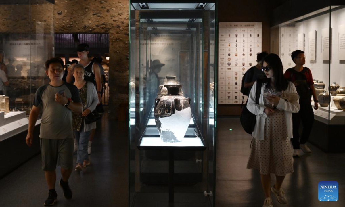 Tourists visit the Xixia Imperial Tombs Museum in Yinchuan, northwest China's Ningxia Hui Autonomous Region, July 13, 2025. China's Xixia Imperial Tombs were officially added to the UNESCO World Heritage List on Friday during the 47th session of the World Heritage Committee held in Paris, France. (Photo by Yuan Hongyan/Xinhua)