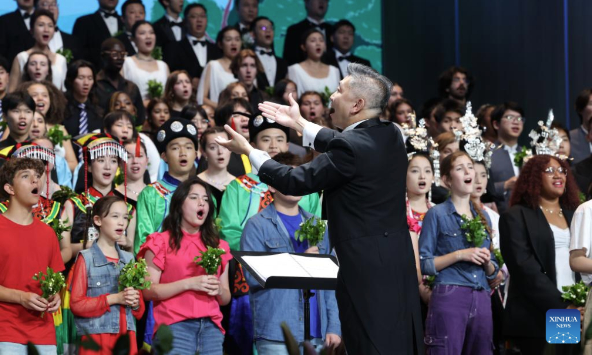 Teenagers from China and the United States sing during a performance at China National Opera House in Beijing, capital of China, July 16, 2025. A closing performance of Bond with Kuliang: 2025 China-U.S. Youth Choir Festival, with the theme of Singing for Peace, was staged in Beijing on Wednesday. (Xinhua/Lu Ye)