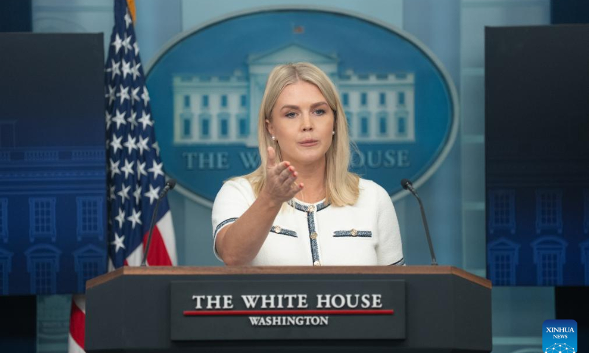 White House Press Secretary Karoline Leavitt takes questions during a press briefing at the White House in Washington, D.C., the United States, on July 17, 2025. U.S. President Donald Trump has been diagnosed with a common and benign vein condition after experiencing swelling in his lower legs, White House Press Secretary Karoline Leavitt announced on Thursday. (Xinhua/Hu Yousong)