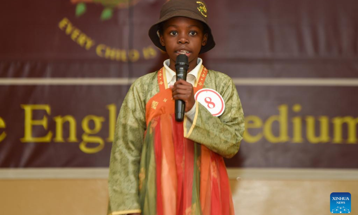 A student performs during a Chinese talent show at the Legae English Medium School in Gaborone, the capital of Botswana, July 28, 2025. A Chinese talent show was held here on Monday to provide students with a platform to explore Chinese culture and deepen cross-cultural understanding through diverse performances. (Photo by Tshekiso Tebalo/Xinhua)