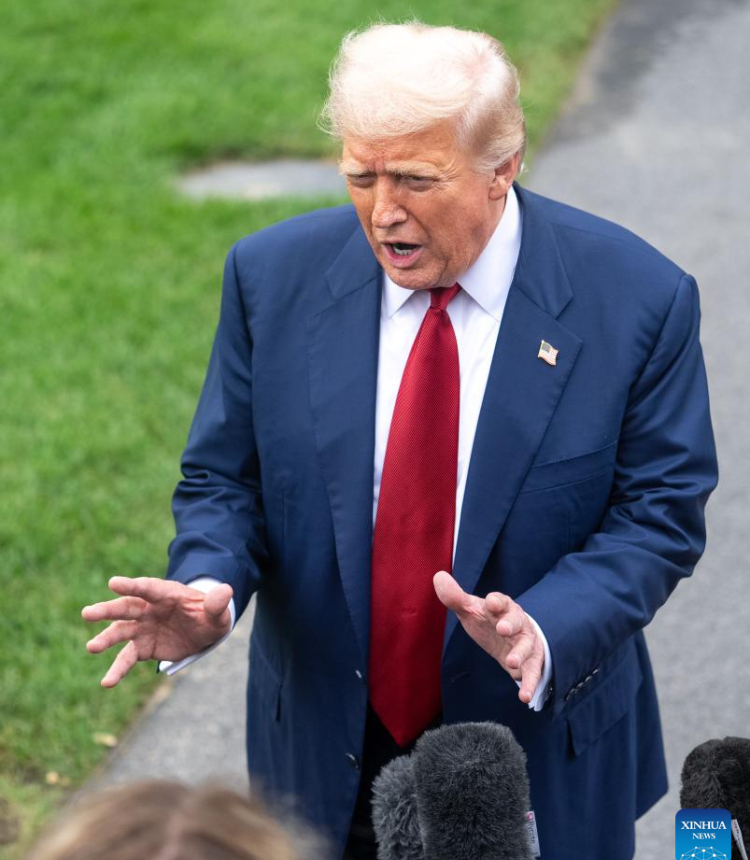 U.S. President Donald Trump speaks to the press at the White House in Washington, D.C., the United States, on Aug. 1, 2025. U.S. President Donald Trump on Friday announced that he has ordered the firing of Erika McEntarfer, commissioner of the Bureau of Labor Statistics (BLS), accusing her of manipulating data for political purposes. (Xinhua/Hu Yousong)