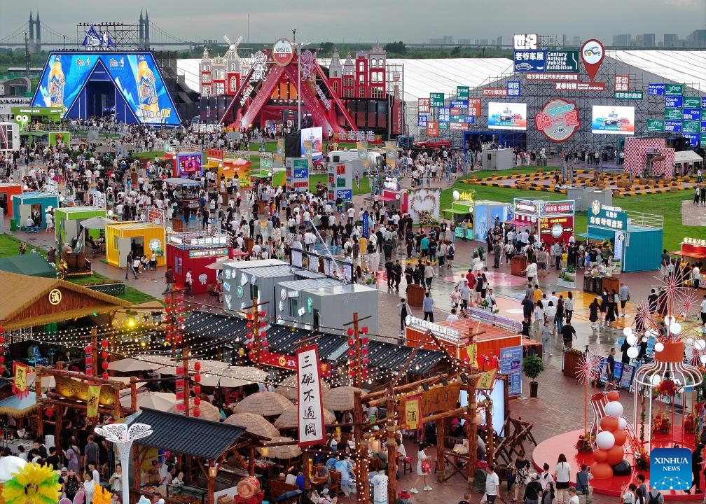 A drone photo shows the 23rd Harbin International Beer Festival in Harbin, northeast China's Heilongjiang Province, July 5, 2025. The beer festival kicked off here Saturday night, showcasing more than 1,000 varieties of beer from over 10 countries and regions. (Photo: Xinhua)
