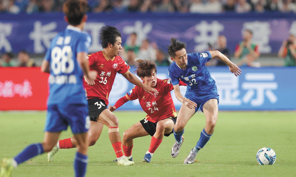 A football match holds between Nanjing and Suzhou from the Jiangsu City Football League in  Nanjing, East China's Jiangsu Provinceon on May 5, 2025. Photo: Cui Meng/GT