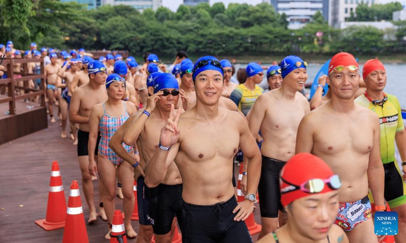 Participants are ready to take part in the 2025 Lotte Aquathlon competition including Lake Swim and Sky Run, in Seoul, South Korea, July 6, 2025. The competition attracted more than 800 participants. (Photo: Xinhua)