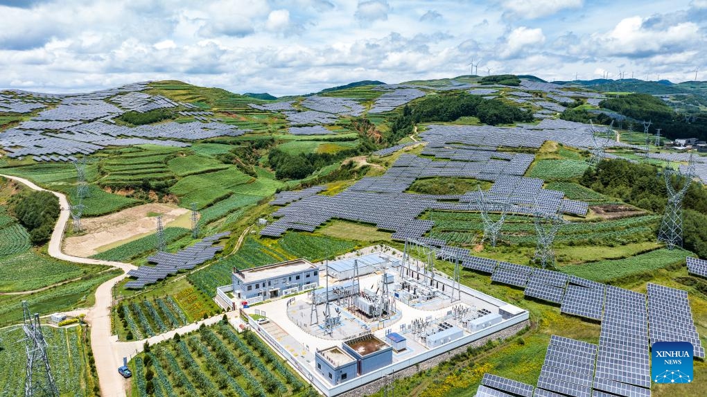 An aerial drone photo taken on July 3, 2025 shows a solar power station for agricultural use in the Yi-Hui-Miao Autonomous County of Weining, southwest China's Guizhou Province. In recent years, Guizhou has made significant progress in ecological construction, striving to transform ecological advantages into developmental strengths. (Photo: Xinhua)