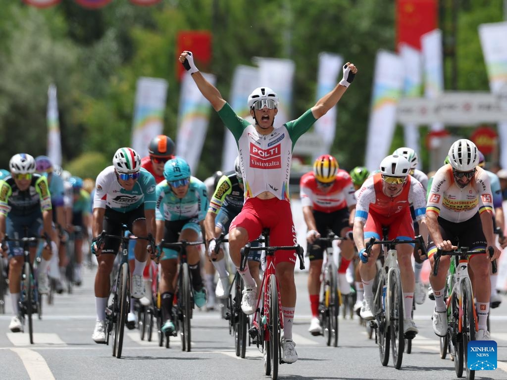 Manuel Penalver Aniorte (front) of Team Polti Visitmalta celebrates winning Stage 1 of the Tour of Magnificent Qinghai international road cycling race in Xining, northwest China's Qinghai Province, July 6, 2025. (Photo: Xinhua)
