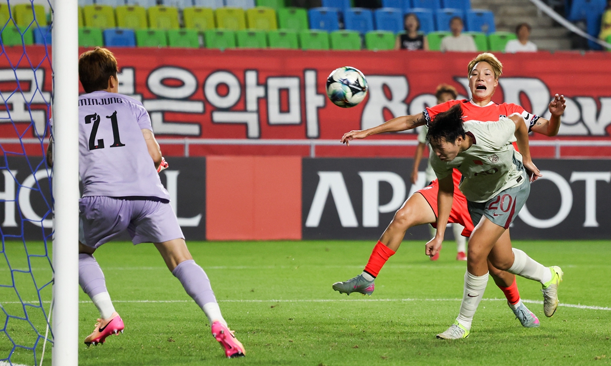 Chinese player Shao Ziqin (No.20) scores against South Korea during their match at the 2025 EAFF E-1 Football Championship, also known as the East Asian Cup, in Suwon, South Korea on July 9, 2025. The match finished 2-2. Four teams are competing in the women's event: China, Japan, South Korea and Chinese Taipei. Photo: VCG