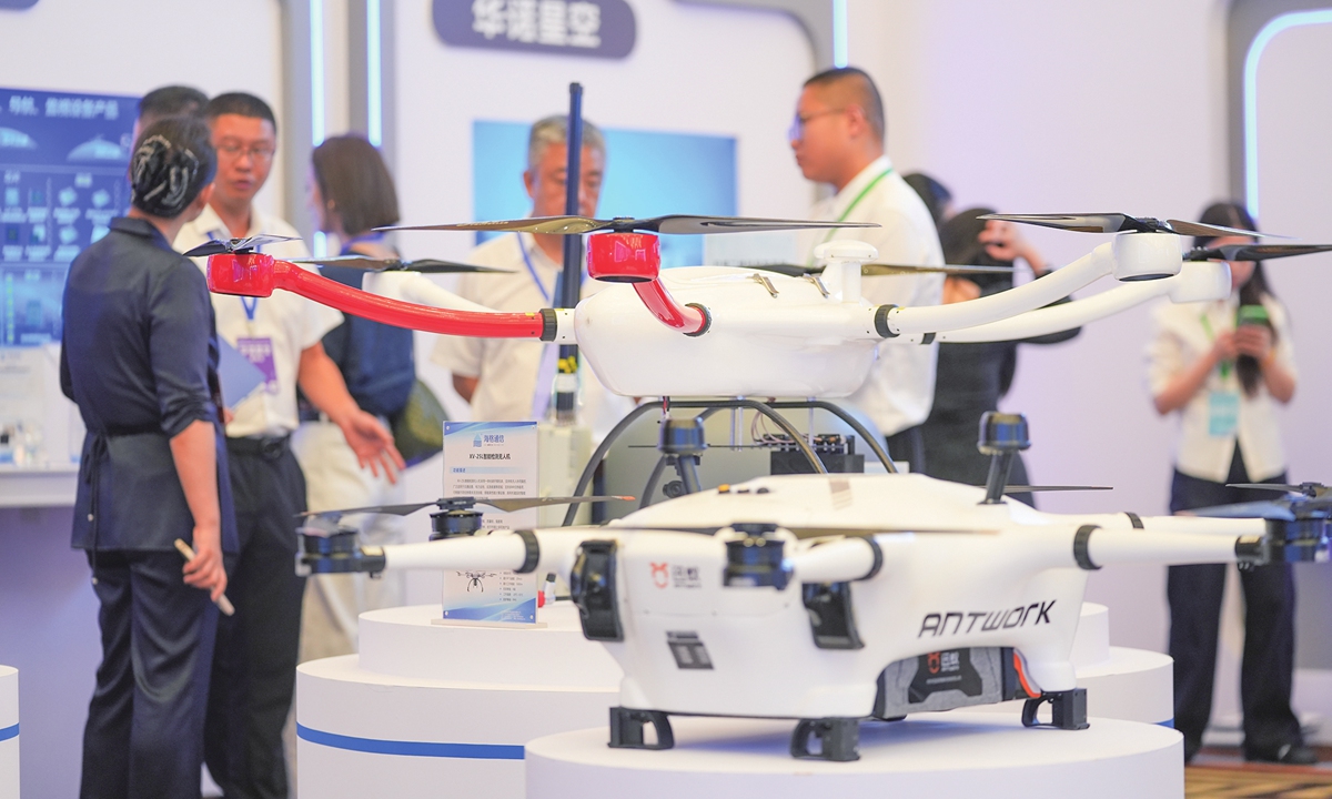 A drone is on display at the 2025 China Mobile Industry Investment and Ecosystem Cooperation Conference in Chengdu, Southwest China's Sichuan Province, on July 9, 2025. At the event, a list of investment opportunities in Sichuan was released, including 198 projects in areas such as intelligent manufacturing and low-altitude economy, worth 529.17 billion yuan ($73.7 billion), per media reports. Photo: VCG