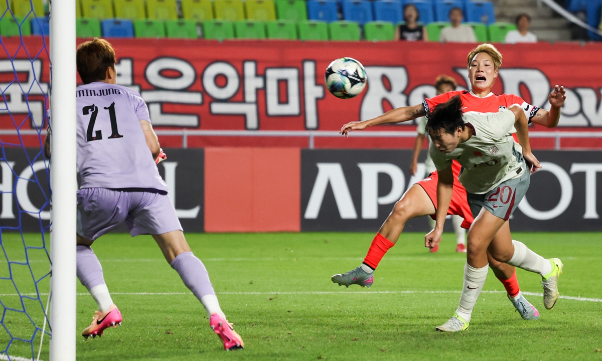 Chinese player Shao Ziqin (No.20) scores against South Korea during a match at the 2025 EAFF E-1 Football Championship, also known as the East Asian Cup, in Suwon, South Korea on July 9, 2025. The match finished 2-2. Four teams are competing in the women's event: China, Japan, South Korea and Chinese Taipei. Photo: VCG