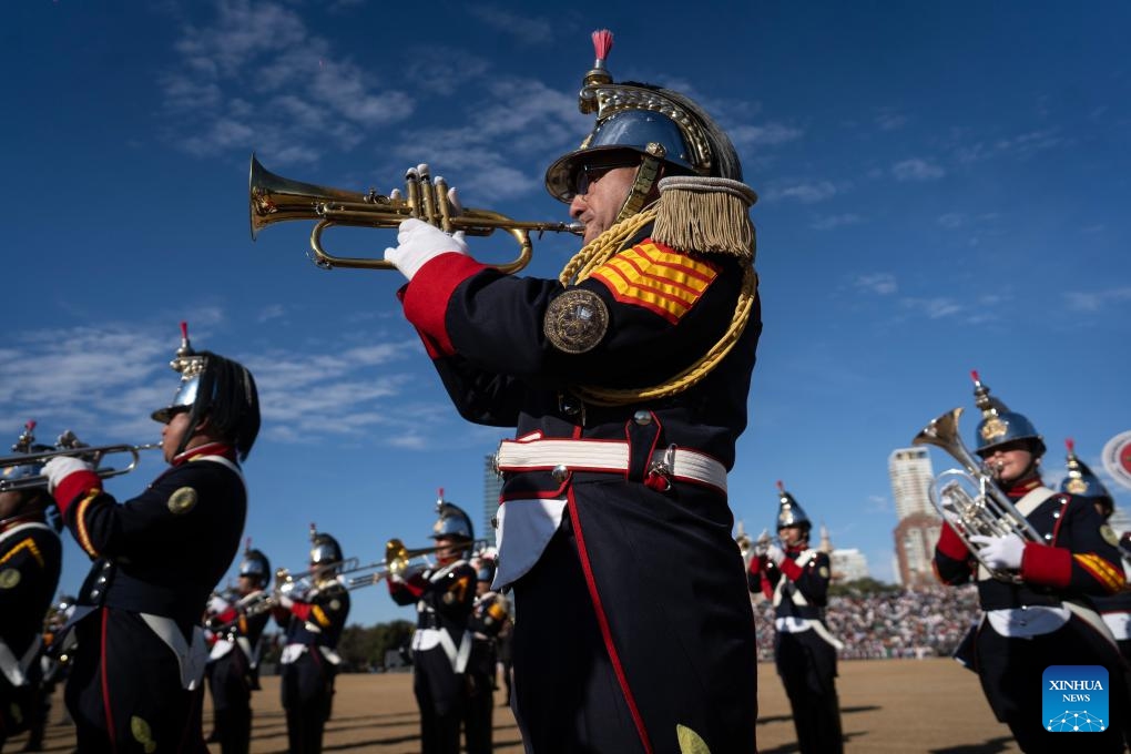 Members of military bands perform during a Military Bands Festival held to celebrate the 209th anniversary of Argentina's Independence Day in Buenos Aires, Argentina, on July 9, 2025. Argentina commemorated on Wednesday the 209th anniversary of its independence from Spanish rule. (Photo: Xinhua)