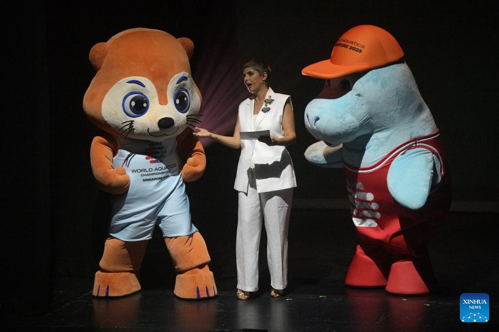 Official mascots otter Ollie (L) and dugong Dewey (R) make an appearance during the opening ceremony of the World Aquatics Championships 2025 held in Singtel Waterfront Theatre in Singapore on July 10, 2025. (Photo: Xinhua)