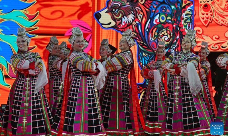 Artists perform during the 34th International Festival of Arts Slavianski Bazaar in Vitebsk, Belarus, July 10, 2025. The festival kicked off in Vitebsk of Belarus on Thursday, bring together prominent performers, artists and creative groups from all over the world. (Photo: Xinhua)
