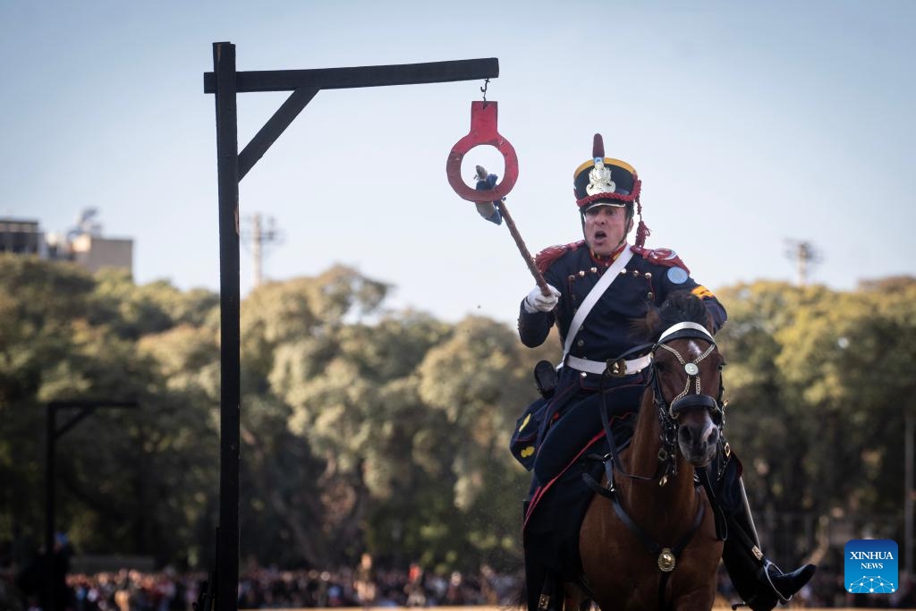 A member of the Regiment of Mounted Grenadiers performs during a Military Bands Festival held to celebrate the 209th anniversary of Argentina's Independence Day in Buenos Aires, Argentina, on July 9, 2025. Argentina commemorated on Wednesday the 209th anniversary of its independence from Spanish rule. (Photo: Xinhua)