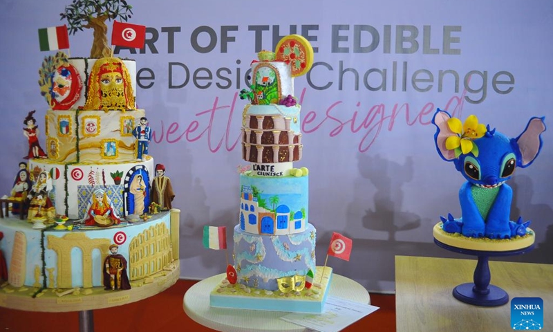 This photo taken on July 9, 2025 shows cakes at the International Food Show for Africa in Tunis, Tunisia. The exhibition opened on Wednesday in Tunis, the capital of Tunisia, attracting manufacturers, exporters, international distributors, scholars and international judges in food industry from around the world. The exhibition will last until July 11. (Photo: Xinhua)