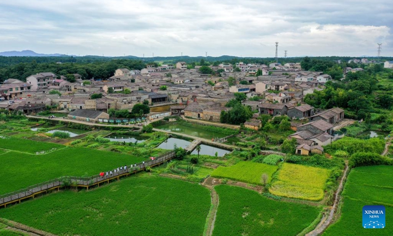 An aerial drone photo taken on July 9, 2025 shows a view of Zhuqiao Village in Jinxi County of Fuzhou, east China's Jiangxi Province. Jinxi County, with centuries-long history, still preserves over 100 ancient villages dating back to the Ming and Qing dynasties (1368-1911), which has won the county fame as an ancient village museum without bounding walls. Zhuqiao is a prominent representative among the villages, featuring 109 existing ancient buildings from the Ming and Qing dynasties. (Photo: Xinhua)