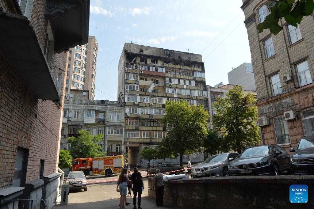 A damaged residential building is pictured at the site of an air strike in the Shevchenkivskyi district of Kiev, Ukraine, July 10, 2025. Russia's overnight strike on Kiev on Thursday killed at least two people and injured 16 others, local authorities said. The attack damaged eight of Kiev's 10 districts, hitting residential buildings, along with medical, educational, commercial and transport infrastructure. (Photo: Xinhua)
