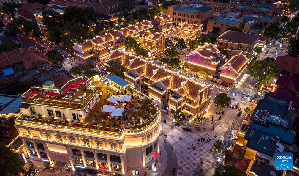 An aerial drone photo taken on July 11, 2025 shows a glimpse of the Minyuan 1920 Block at the Wudadao historical urban area in north China's Tianjin. The Minyuan 1920 Block, a recently completed infrastructure enhancement project, has officially opened to the public. The project transforms sections of Hunan Road and Luoyang Avenue into a pedestrian zone and connects Minyuan Square and Wudadao Park, injecting vitality into the century-old historical area. (Photo: Xinhua)