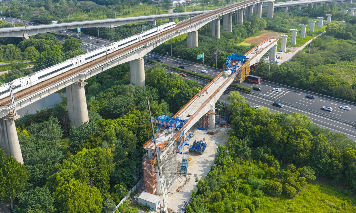 Workers build a bridge that's part of the Nanjing-Wuhu railway despite the summer heat outside Nanjing, East China's Jiangsu Province on July 13, 2025. In the first five months, Jiangsu invested 100.16 billion yuan ($13.96 billion) into transportation infrastructure, according to the provincial transport authority. Photo: VCG