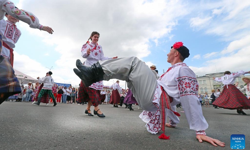 Contestants perform at a dance contest during the 34th International Festival of Arts Slavianski Bazaar in Vitebsk, Belarus, July 12, 2025. The 34th International Festival of Arts Slavianski Bazaar kicked off in Vitebsk of Belarus on Thursday, bring together prominent performers, artists and creative groups from all over the world. (Photo: Xinhua)